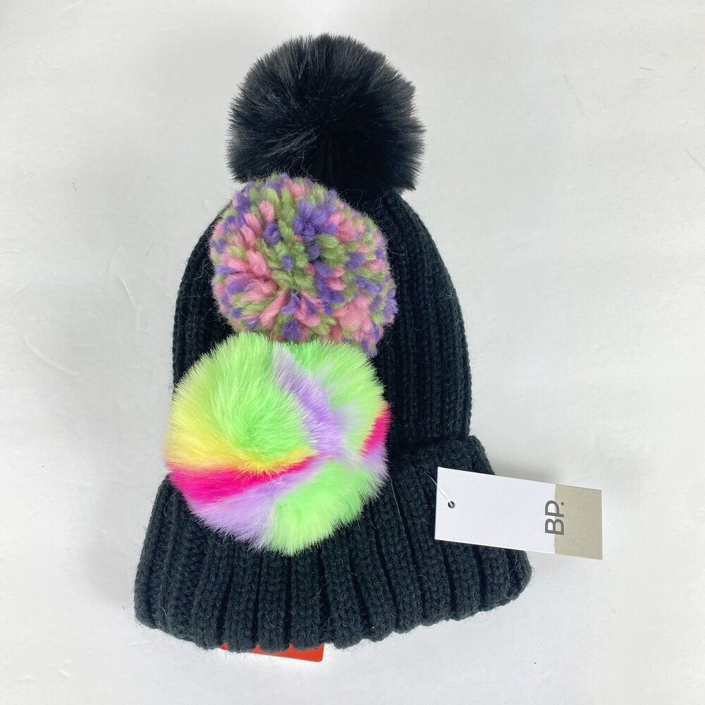 BP Ribbed Beanie Hat with Poms 3 Black Hat Nordstrom Ski Gorpcore Winter NEW - Picture 3 of 4